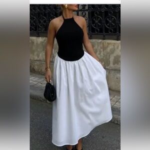 Meshki Black and White Halter Midi Dress